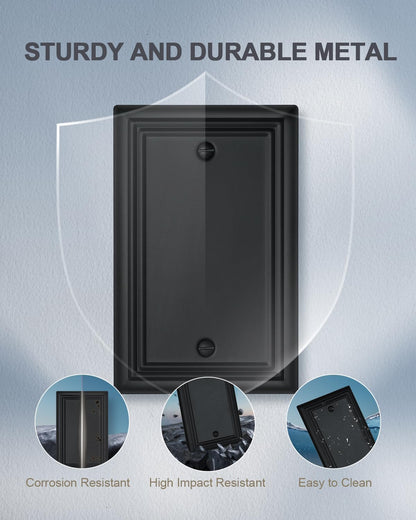 2-Pack Black Blank Wall Plates, No Device Blank Outlet Covers, Metal Electrical Covers for Unused