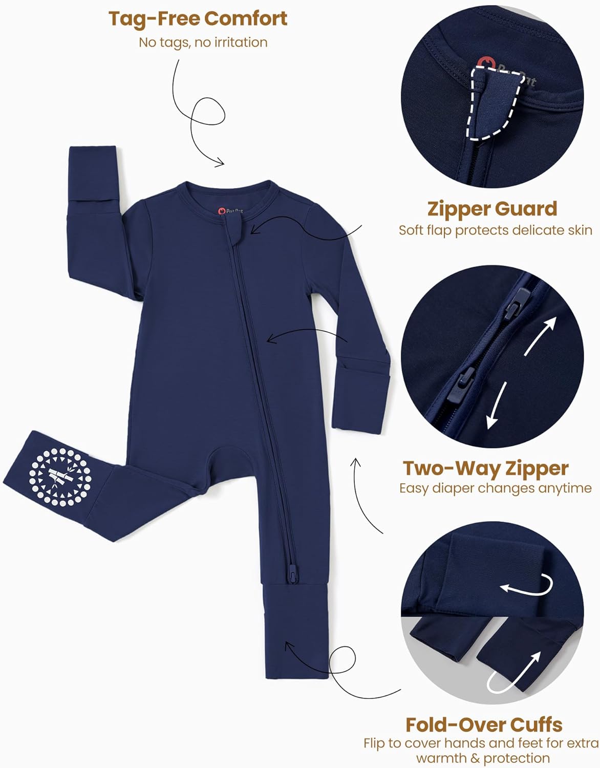 PATPAT Baby Footies Boys Girls - Bamboo Viscose - Zipper & Non-Slip Soles Romper Mitten - Footed &