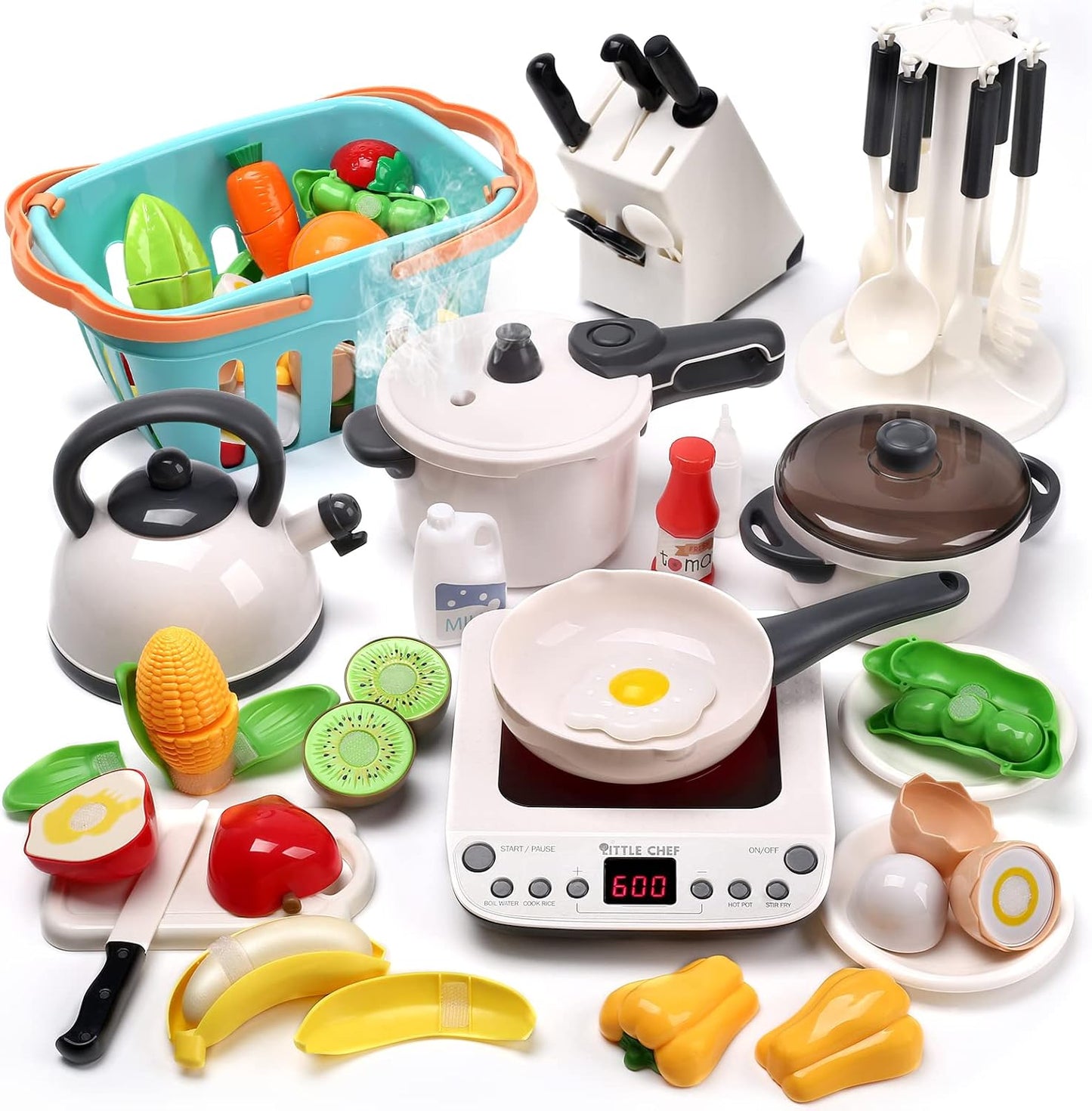 CUTE STONE Pretend Play Kitchen Toy with Cookware Steam Pressure Pot and Electronic Induction