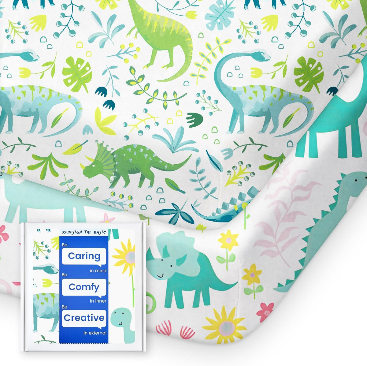 Dinosaur Pack N Play Sheets Fitted, Ultra Soft Mini Crib Sheets for Boy, Premium Jersey Knit Pack