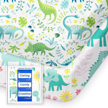 Dinosaur Pack N Play Sheets Fitted, Ultra Soft Mini Crib Sheets for Boy, Premium Jersey Knit Pack