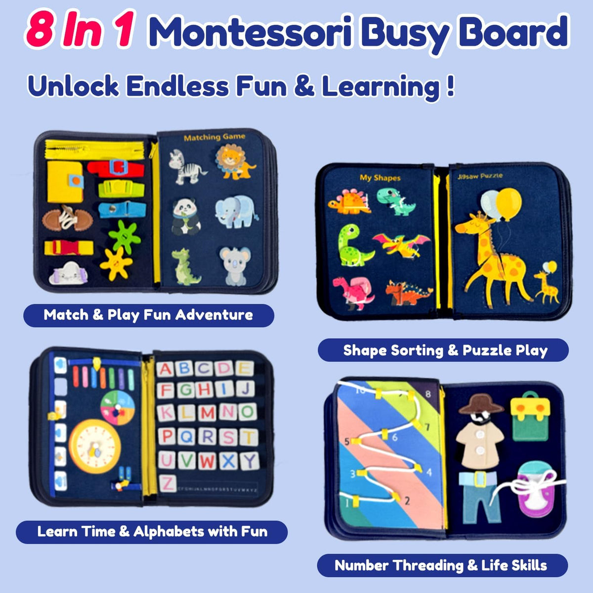 Qizfun Busy Board Book Montessori Toys for 1 2 3 4 Year Old, Boy Birthday Gifts, Educational