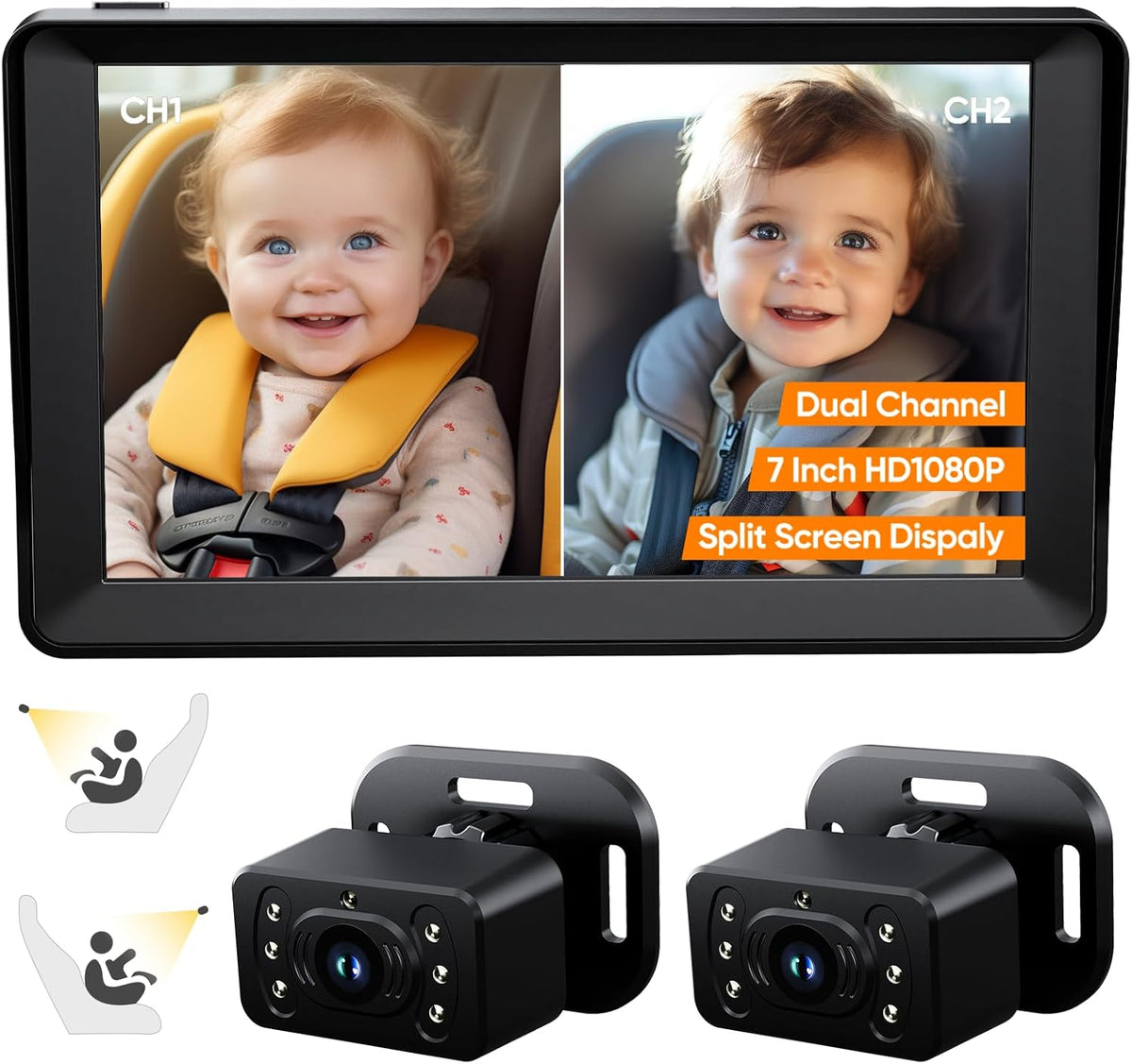 Baby Car Camera for 2 Kids - 7 Inch HD1080P Split Screen Baby Monitor with Dual Backseat Camera