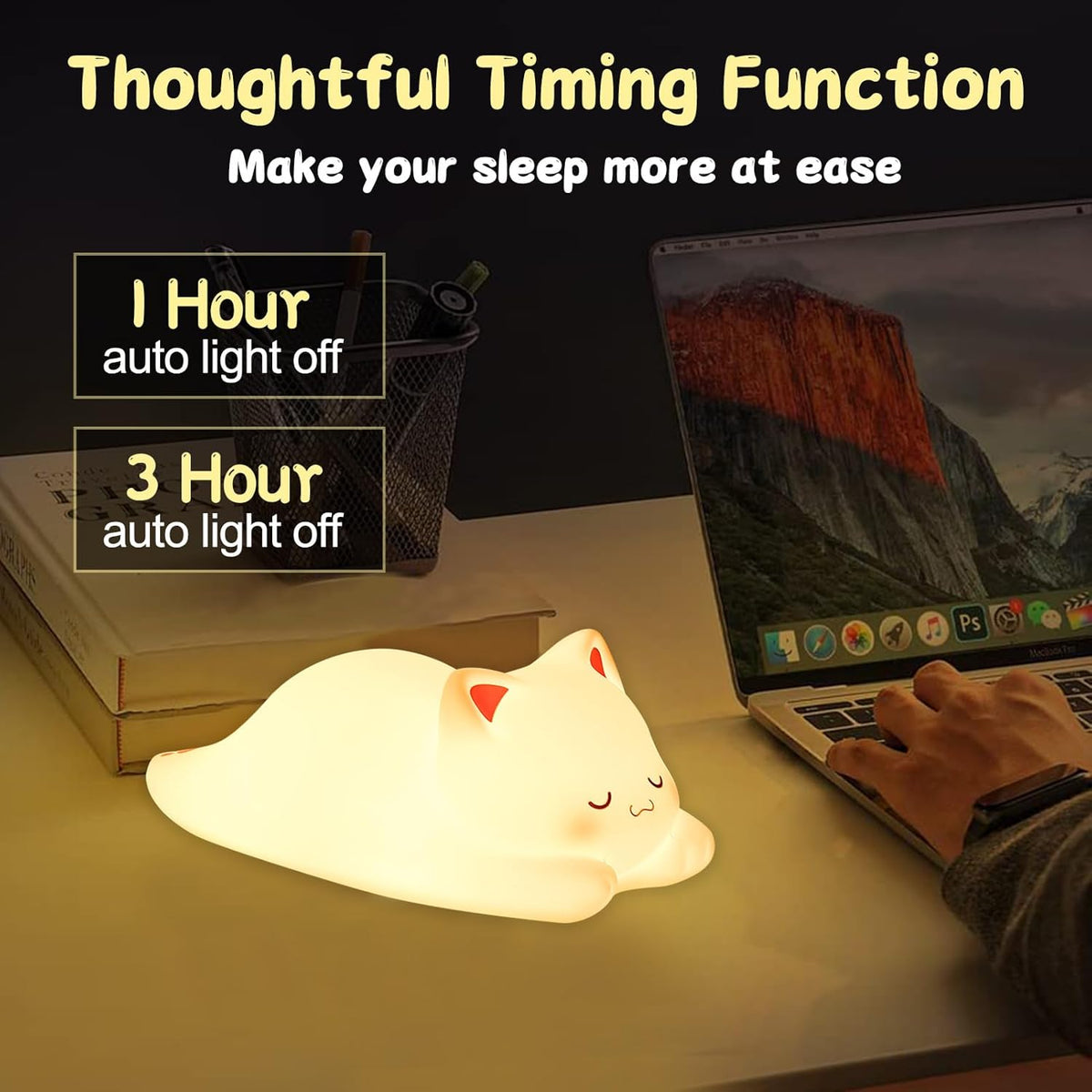 LOVERUIS Cute Night Light for Kids Cat Night-Light Baby Girl Squishy NightLight 1/3 Hour Timer