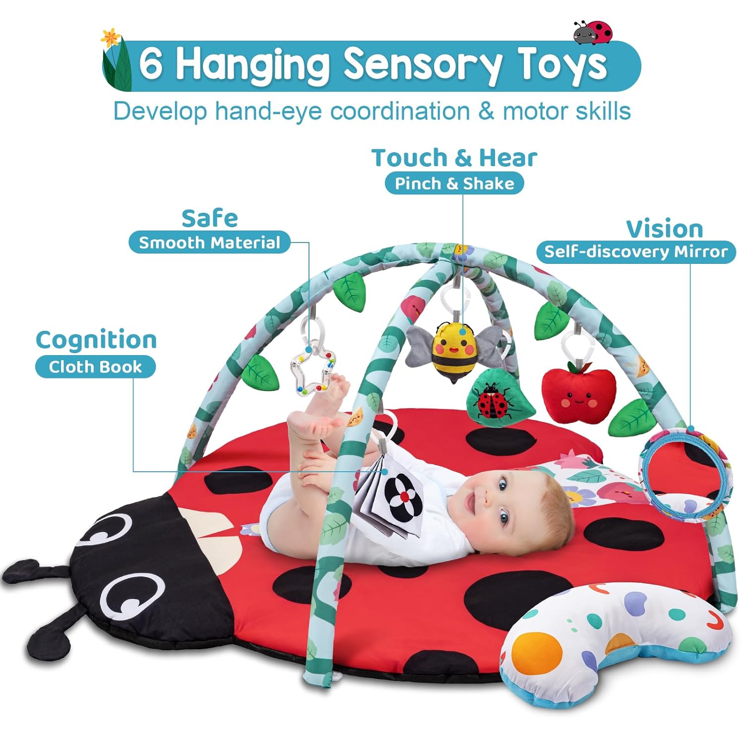 Jyusmile Baby Play Gym Mat, 8-in-1 Tummy Time Mat with 6 Toys, Washable Baby Activity Mat for