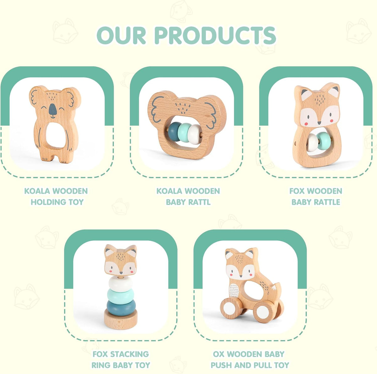 Freniland Wooden Montessori Toys, 5-Piece Wooden Baby Toy, Koala Baby Rattle, Fox Stacking Ring