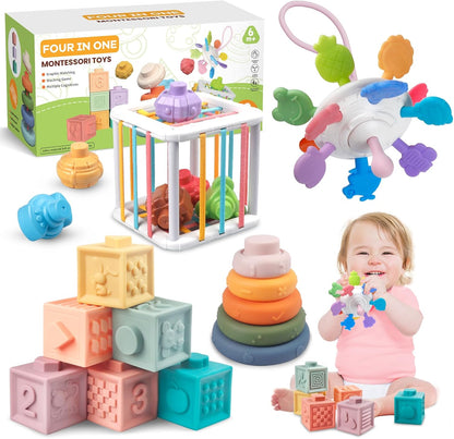 4-in-1 Baby Toys for 6-12 Months, Montessori Soft Stacking Blocks for Babies, Infants Teething