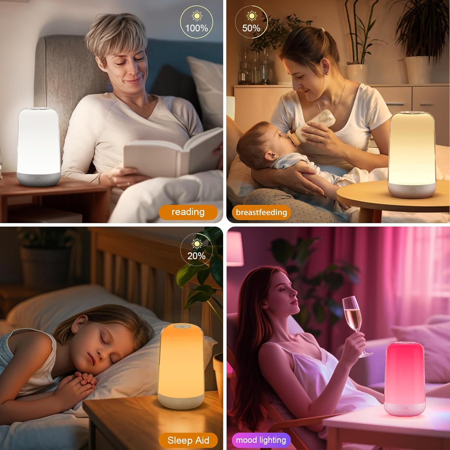 FRIDEKO HOME RGB Touch Bedside Lamp for Nightstand, 3 Color Temperatures Portable Rechargeable