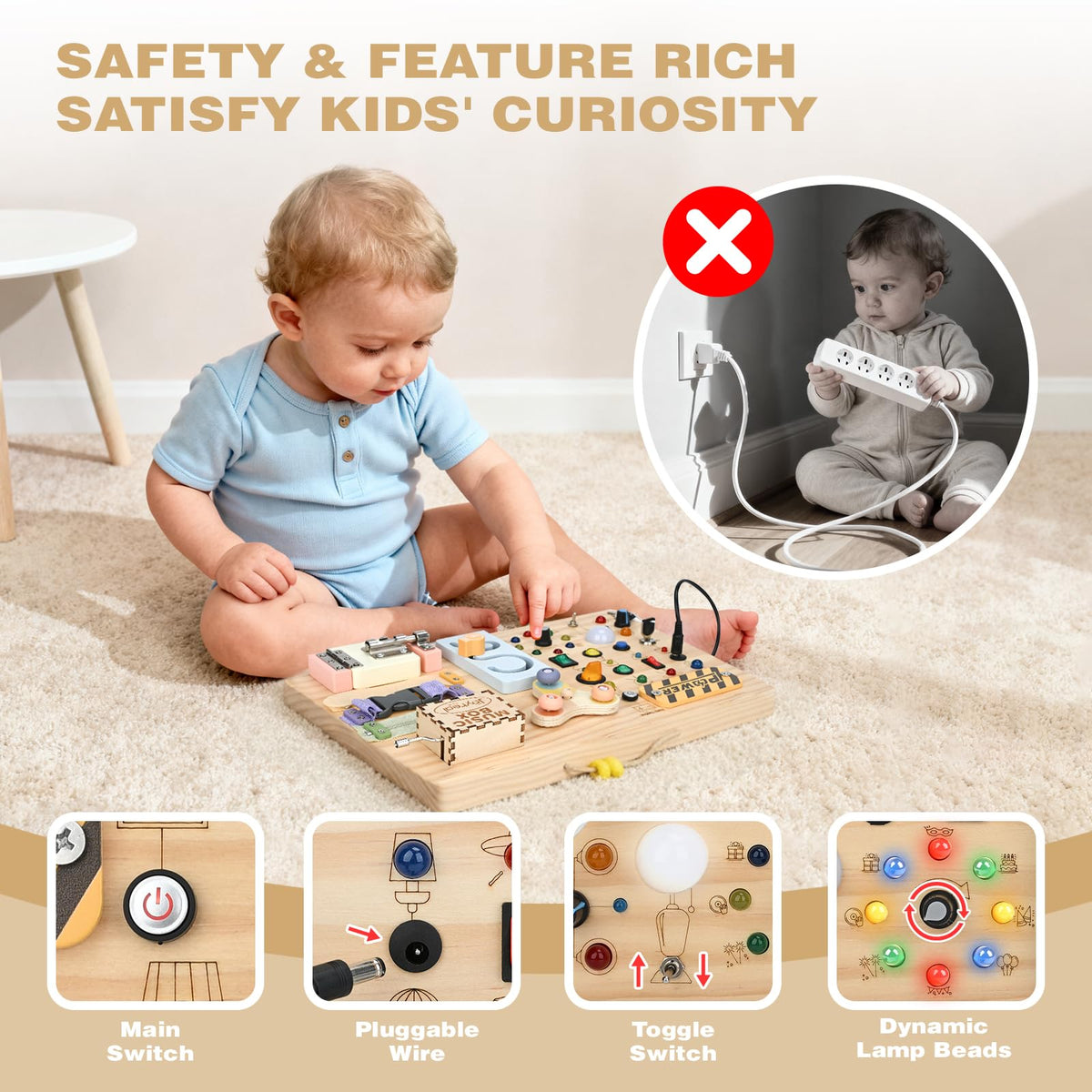 Joyreal Wooden Busy Board Montessori Toys for Toddlers, Sensory Activity Board with LED Lights
