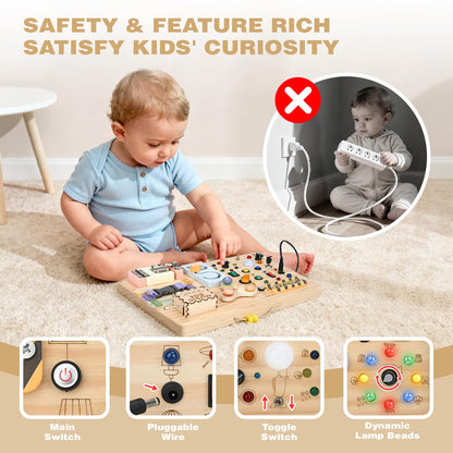 Joyreal Wooden Busy Board Montessori Toys for Toddlers, Sensory Activity Board with LED Lights