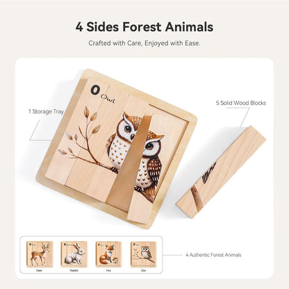 IEATFO 4 in 1 Wooden Animal Chunky Puzzle, 5 Solid Wood Puzzle Blocks with 4 Sides Realistic Forest