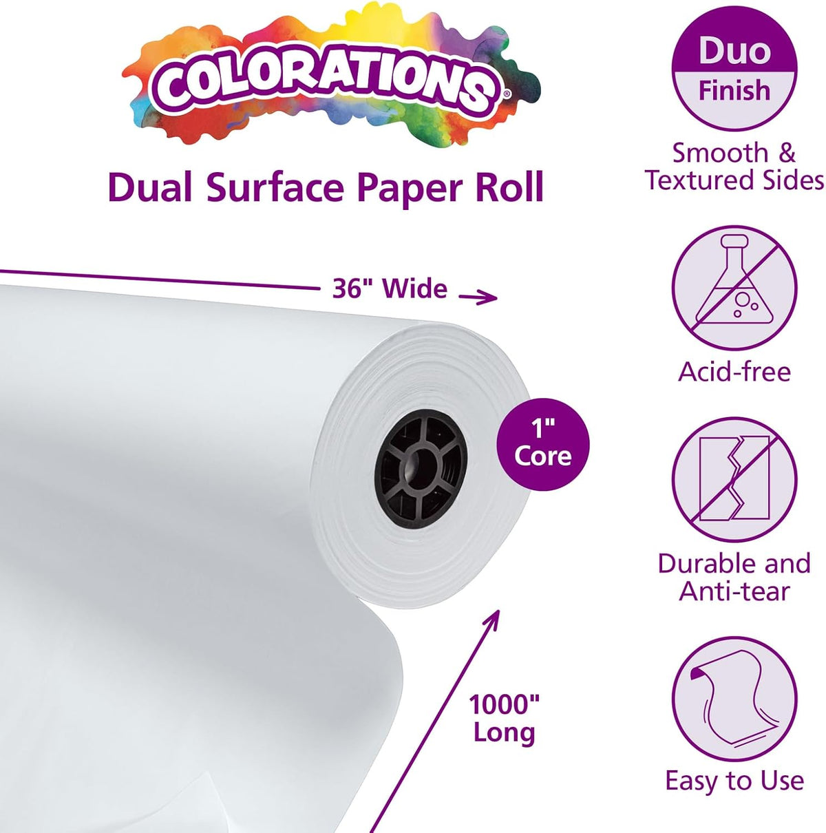 Colorations Dual Surface Paper Roll Classroom Supplies for Arts and Crafts White (36" x 1000')