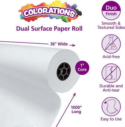 Colorations Dual Surface Paper Roll Classroom Supplies for Arts and Crafts White (36" x 1000')