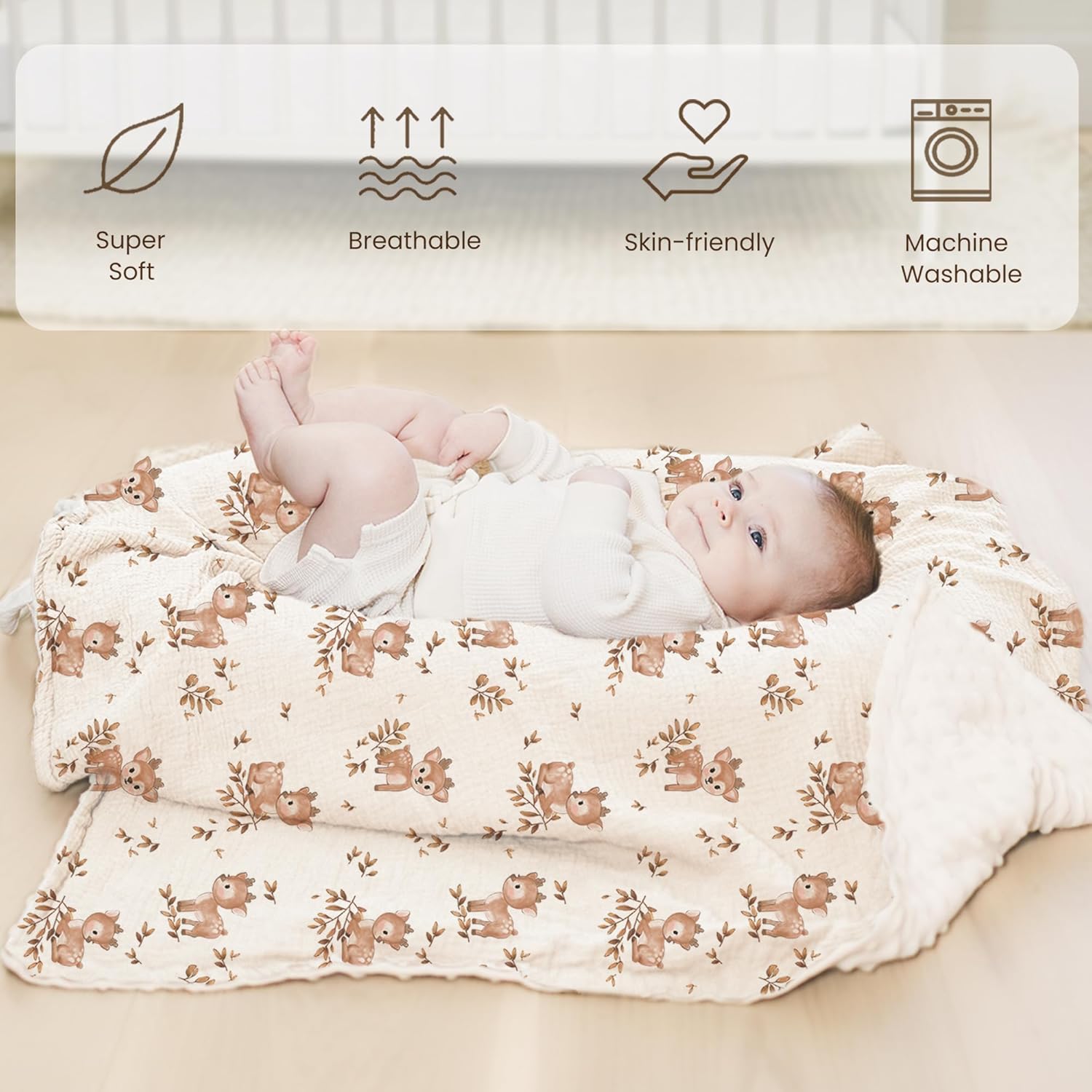 Konssy Baby Blankets for Unisex Boys Girls, Super Soft Nursery Minky Blankets with Muslin Cotton