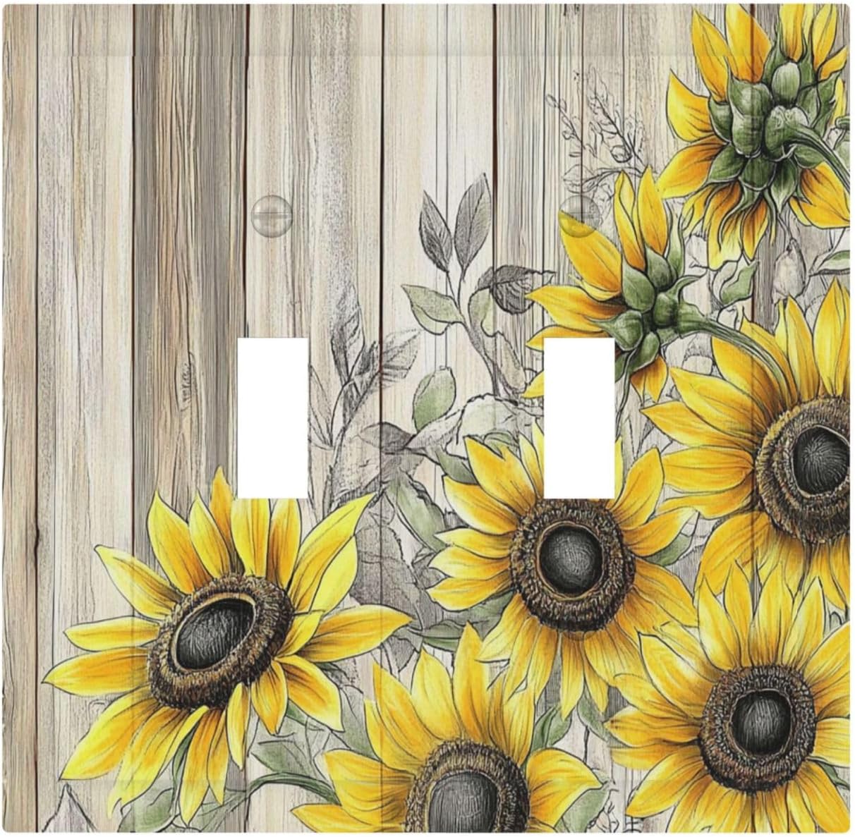 Decorative Switch Plates Floral Sunflower Rustic Flower Vintage Wood 2 Gang Double Toggle Outlet