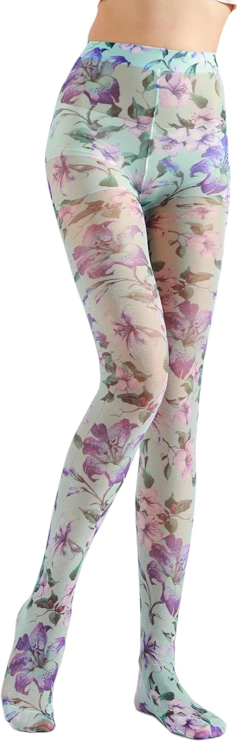 Sahabowi Women's Sheer Fashion Digital Print Fashions Stockings Metallic Silver Tights 1