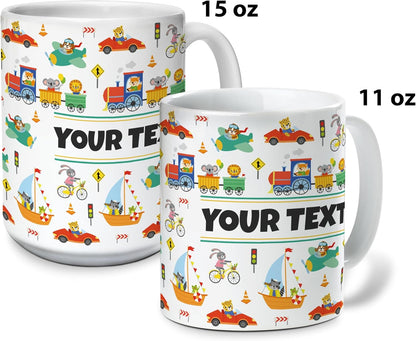Personalized Mug for Kids - Vehicles - Custom Name/Text, Ceramic Hot Chocolate/Cocoa/Coffee Cup for
