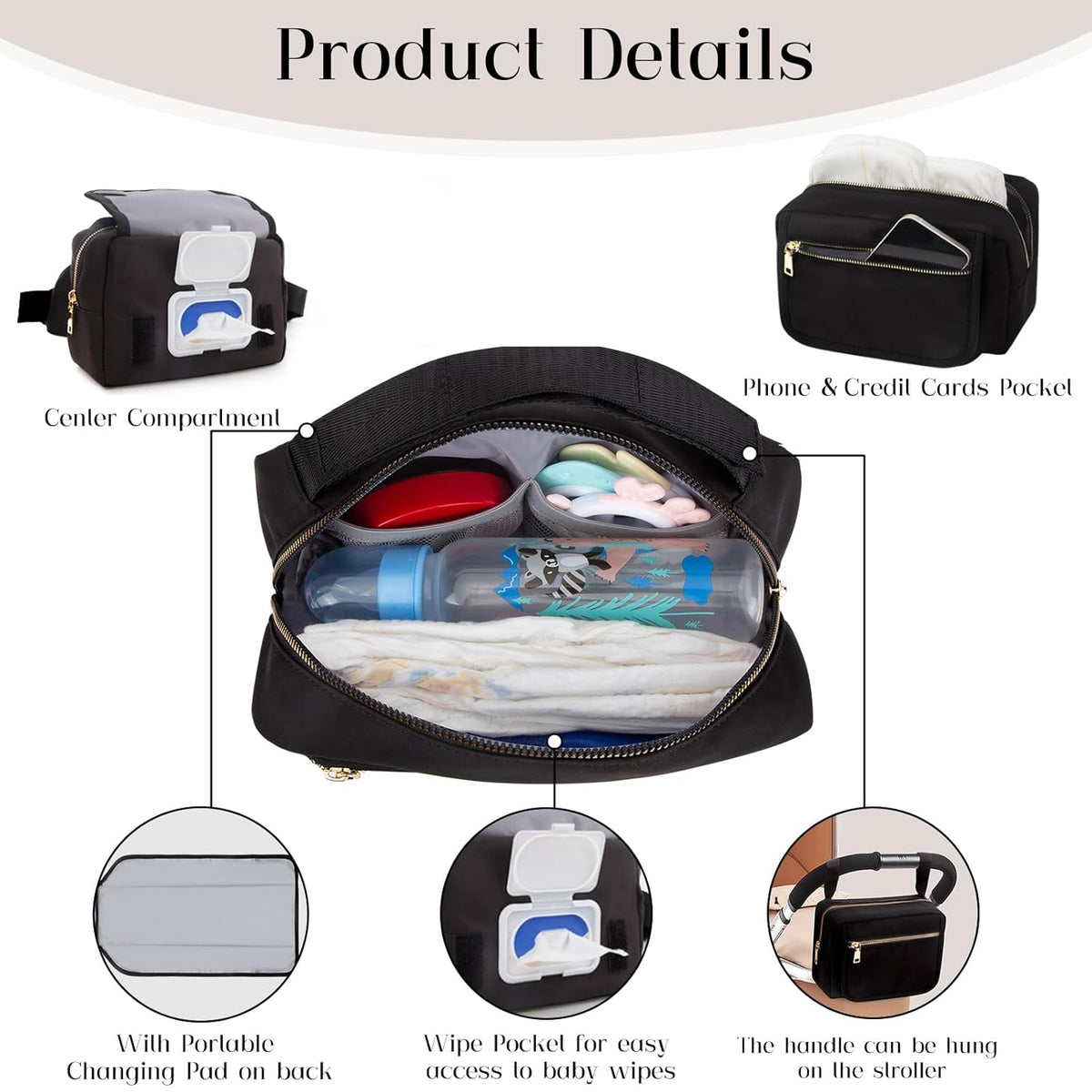 printe Small Diaper Bag with Portable Changing Pad, Crossbody Fanny Pack with Wipes Pocket for
