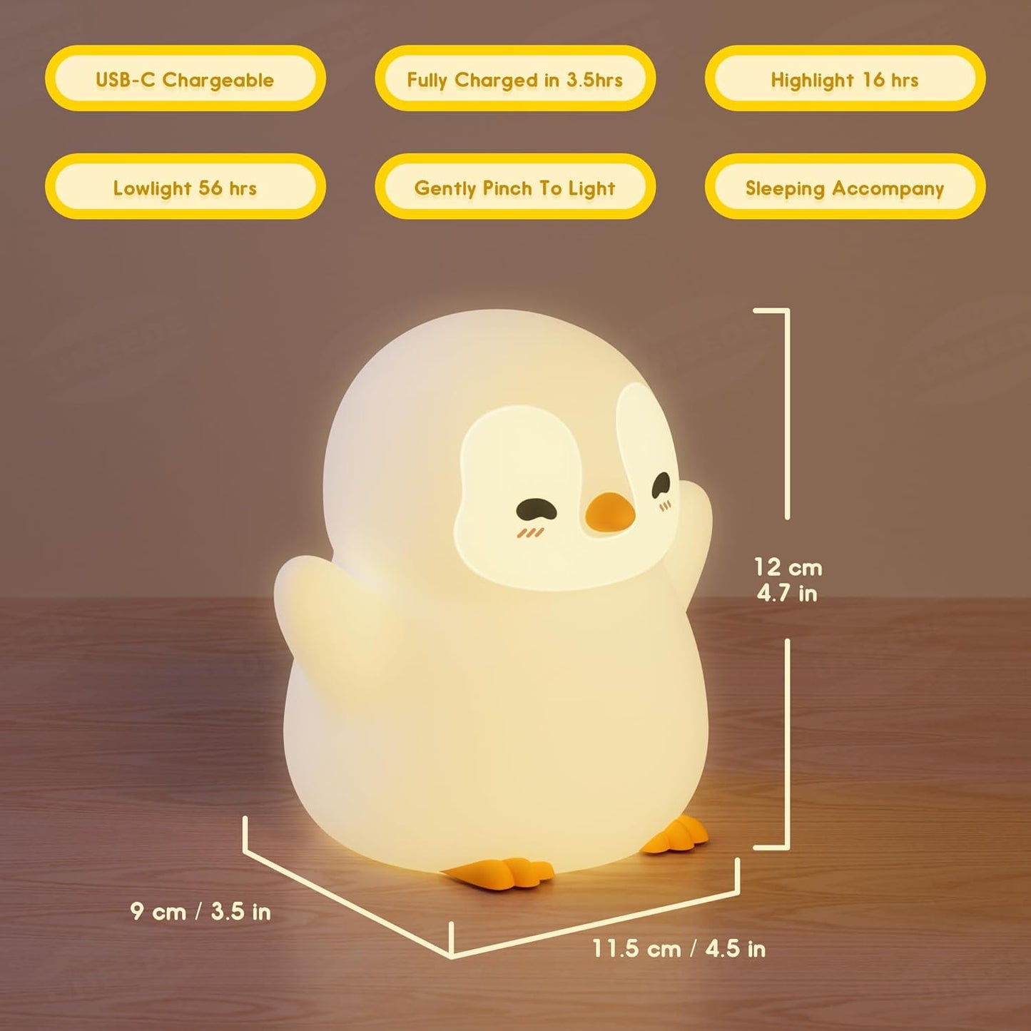 UNEEDE Standing Penguin Night Light with Detachable Bunny Hat - Rechargeable Silicone Touch Lamp