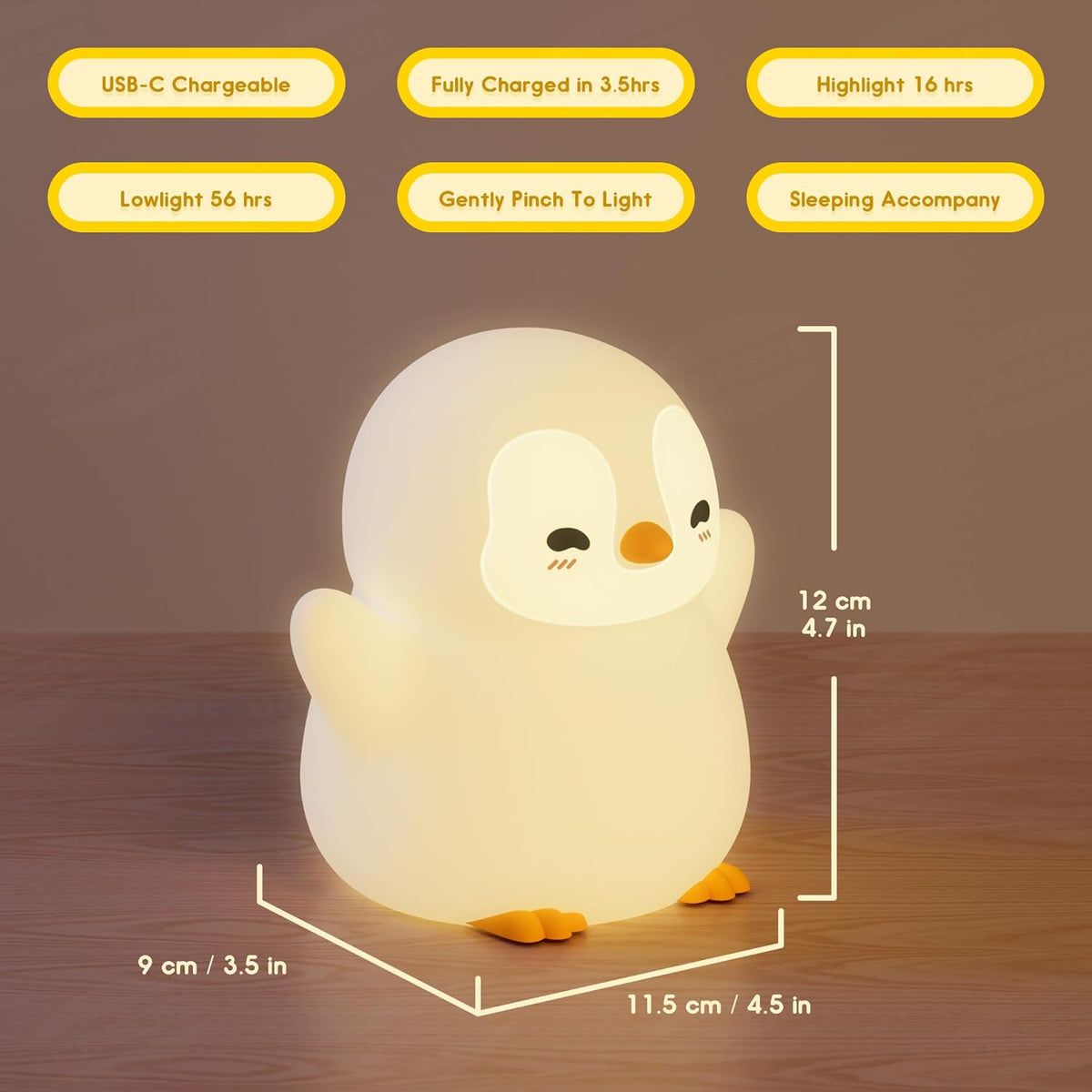 UNEEDE Standing Penguin Night Light with Detachable Bunny Hat - Rechargeable Silicone Touch Lamp