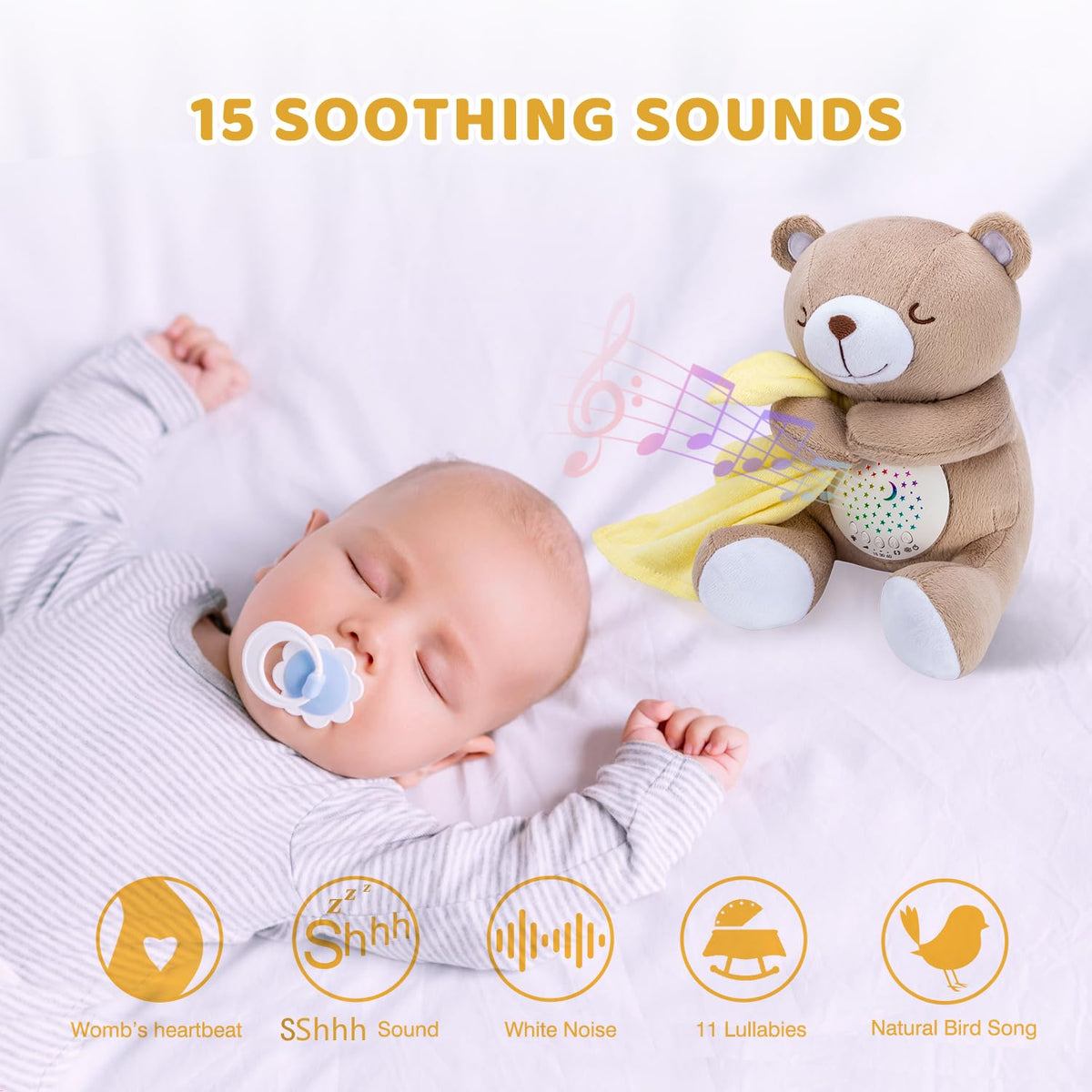 BEREST Rechargeable Baby Sleep Soother Bear, Nursery Decor Night Light Projector, Mom's Heartbeat