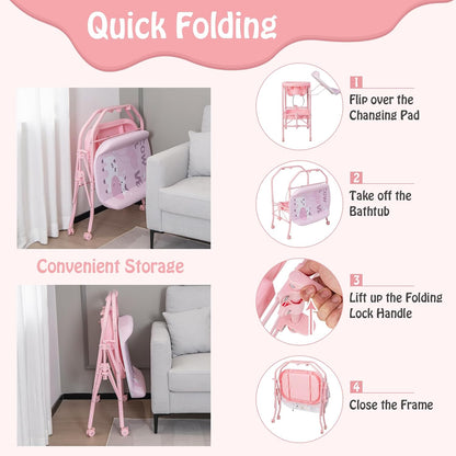 BABY JOY Baby Bathtub with Changing Table, Foldable Infant Diaper Changing Station with Storage