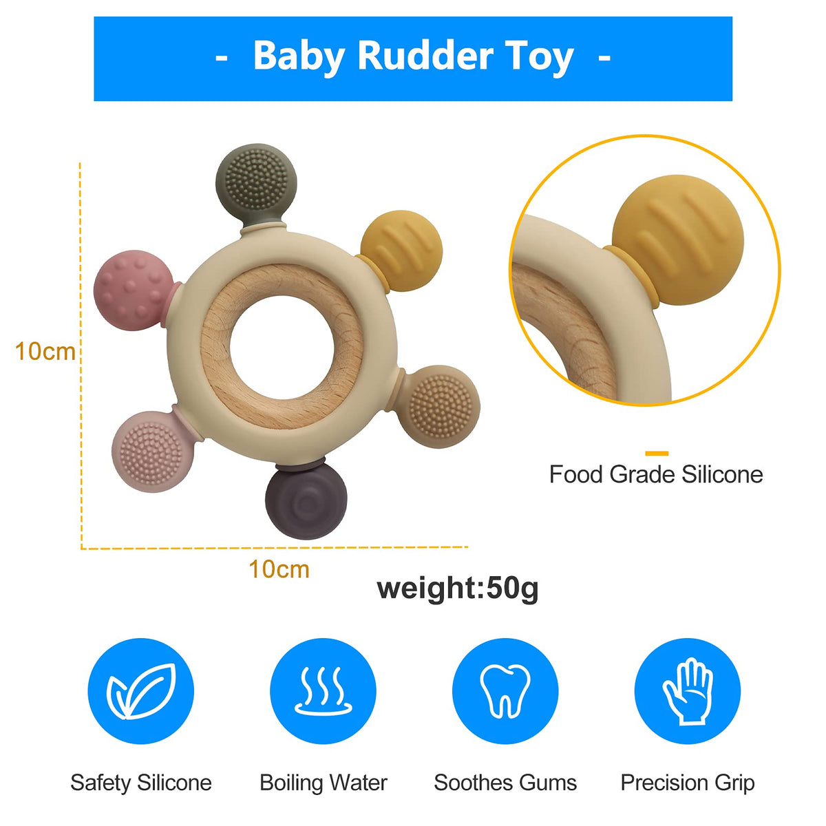Arudyo Baby Teething Toys Silicone Teethers BPA Free Silicone Rudder with Wooden Ring Soothe Babies