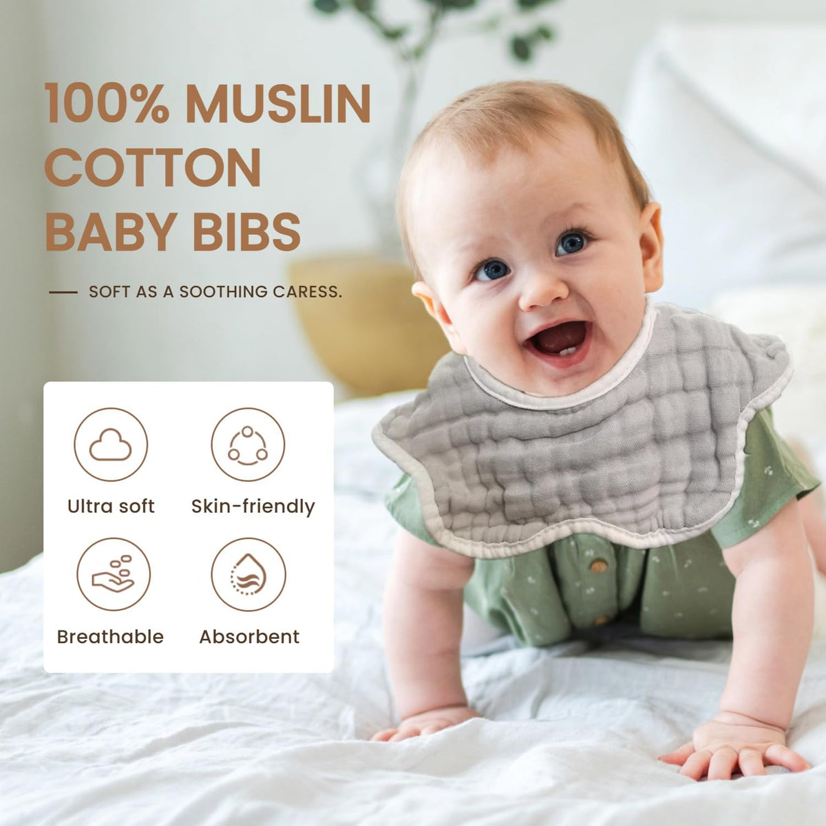 MUKIN Baby Drooling Towel, Snap Bibs, Muslin Bibs, 6 Pack, Adjustable, Soft Cotton