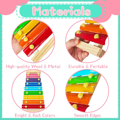 2 Pcs Wooden Xylophone for Kids,Xylophone Educational Musical Toy with 2 Child Mallets 8 Diatonic