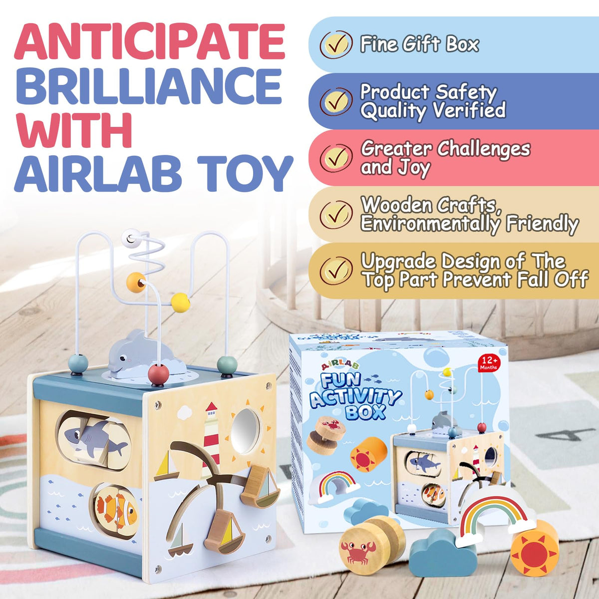 Airlab Wooden Activity Cube Montessori Toys for Boys Girls, Ocean