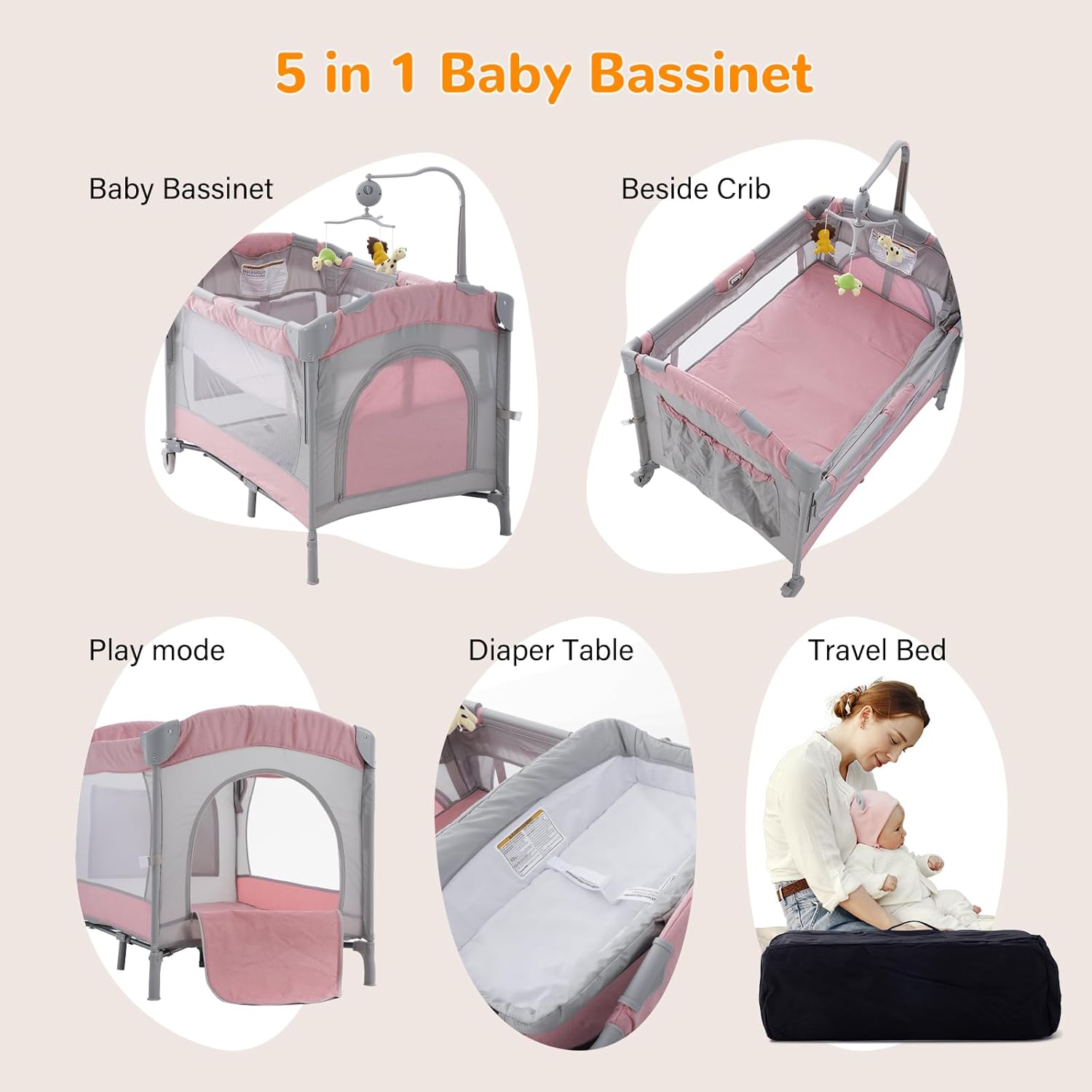 5 in 1 Baby Crib,Bedside Sleeper,Bassinet,Pack and Play with Bassinet and Changing Table,Portable