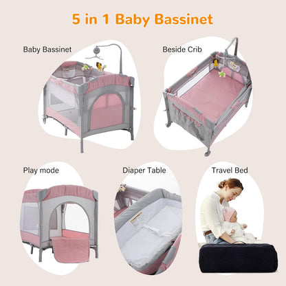 5 in 1 Baby Crib,Bedside Sleeper,Bassinet,Pack and Play with Bassinet and Changing Table,Portable