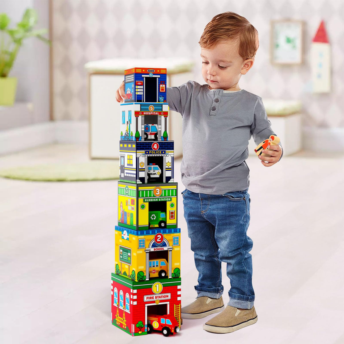 Atoylink Toddler Sorting and Stacking Toys with Magnetic Wooden Cars & Community Helpers, Baby