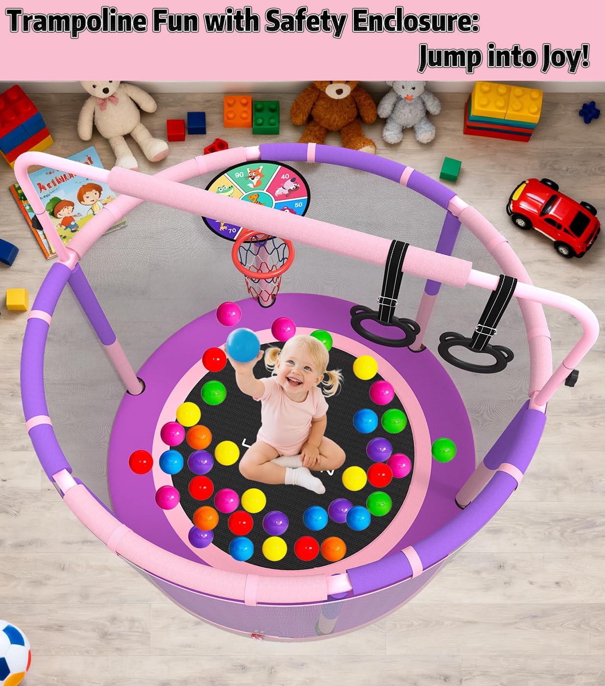 60" 6-in-1 Kids Trampoline, 5ft Mini Toddler Trampoline for Girls Boys