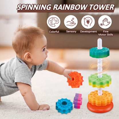 JUXUE Baby Spinning Stacking Toys for Toddlers 1-3, Rainbow Ring Stacker Montessori Toys for Babies