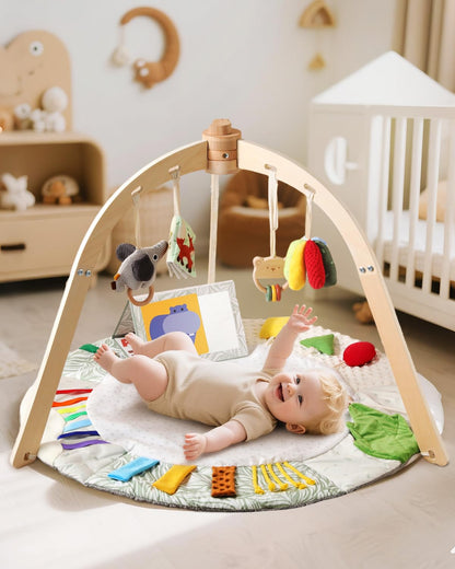 Wooden Baby Play Gym & Tummy Time Playmat – Montessori Sensory Activity Mat with 6 Developmental