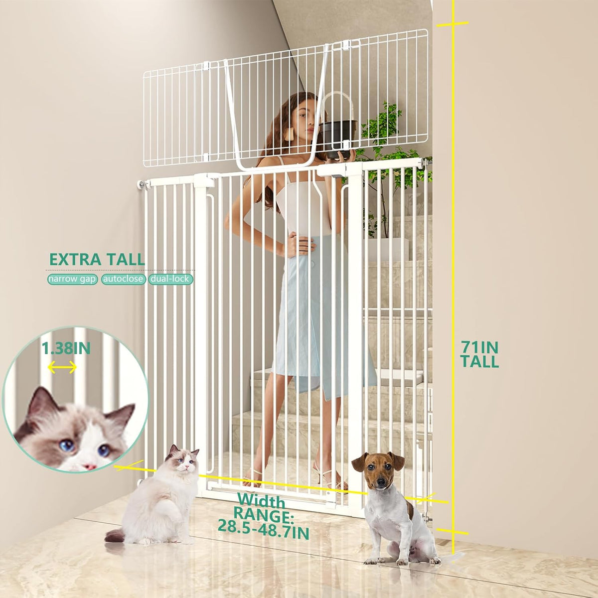71" Extra Tall Cat Gate for Doorway – 28.5"-48.7" Extra Wide Pet Gate with Adjustable Cat Door