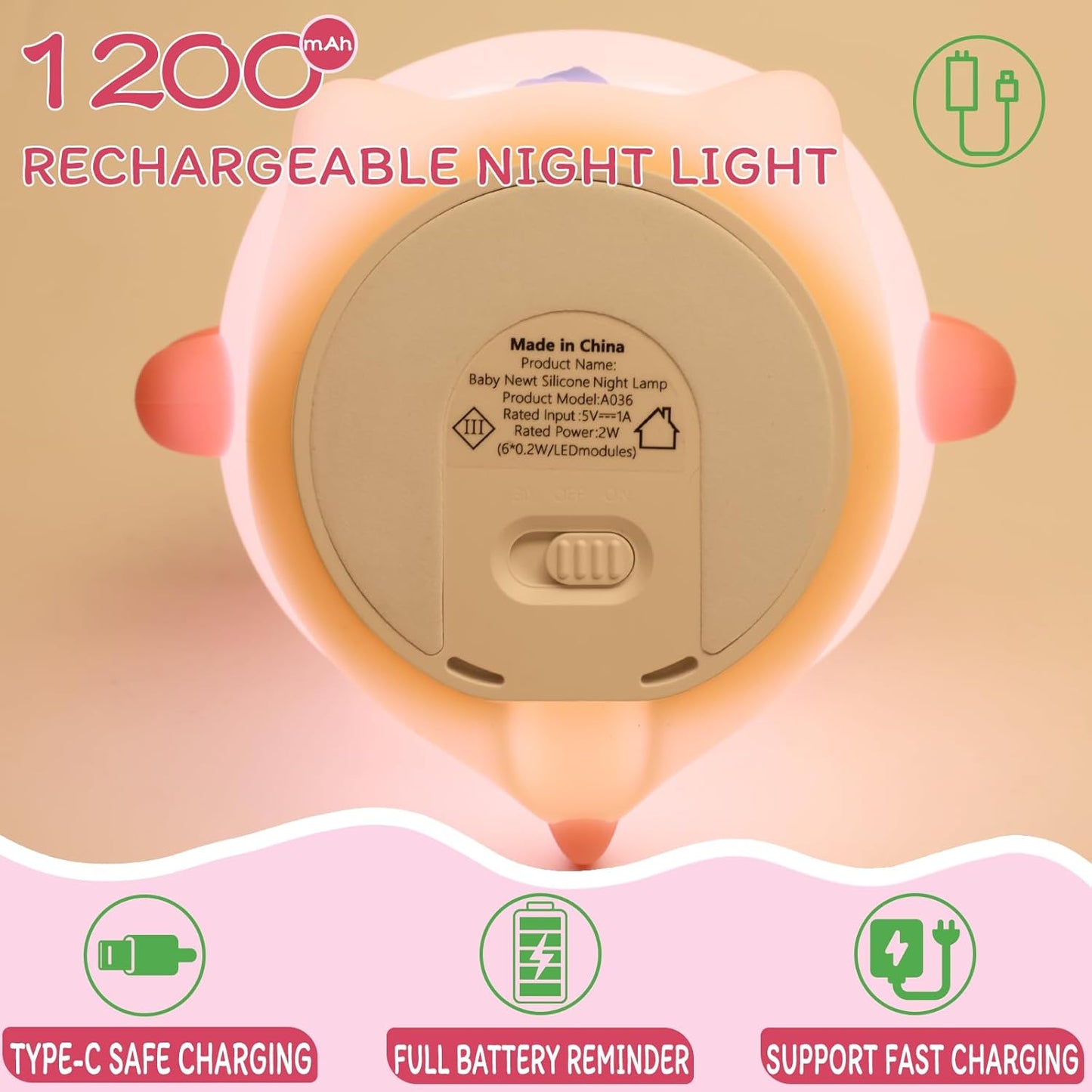 Axolotl Night Light for Kids - 3-Level Dimmer & Auto-Off Timer, Child-Safe Silicone Lamp, USB-C