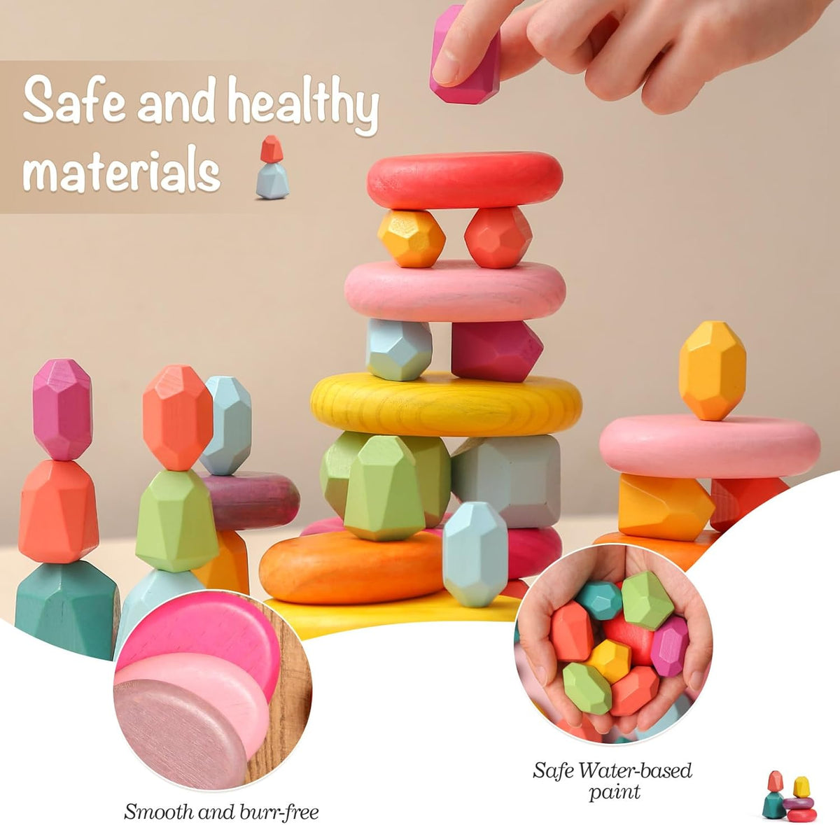 OESSUF Stacking Rocks 26Pcs Stacking Blocks Balancing Stones Wooden Building Toys Wood Stone