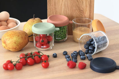 BEABA 4 Pack Glass Baby Food Jars with Soft Silicone Air Tight Lids, 8 oz Glass Storage Containers
