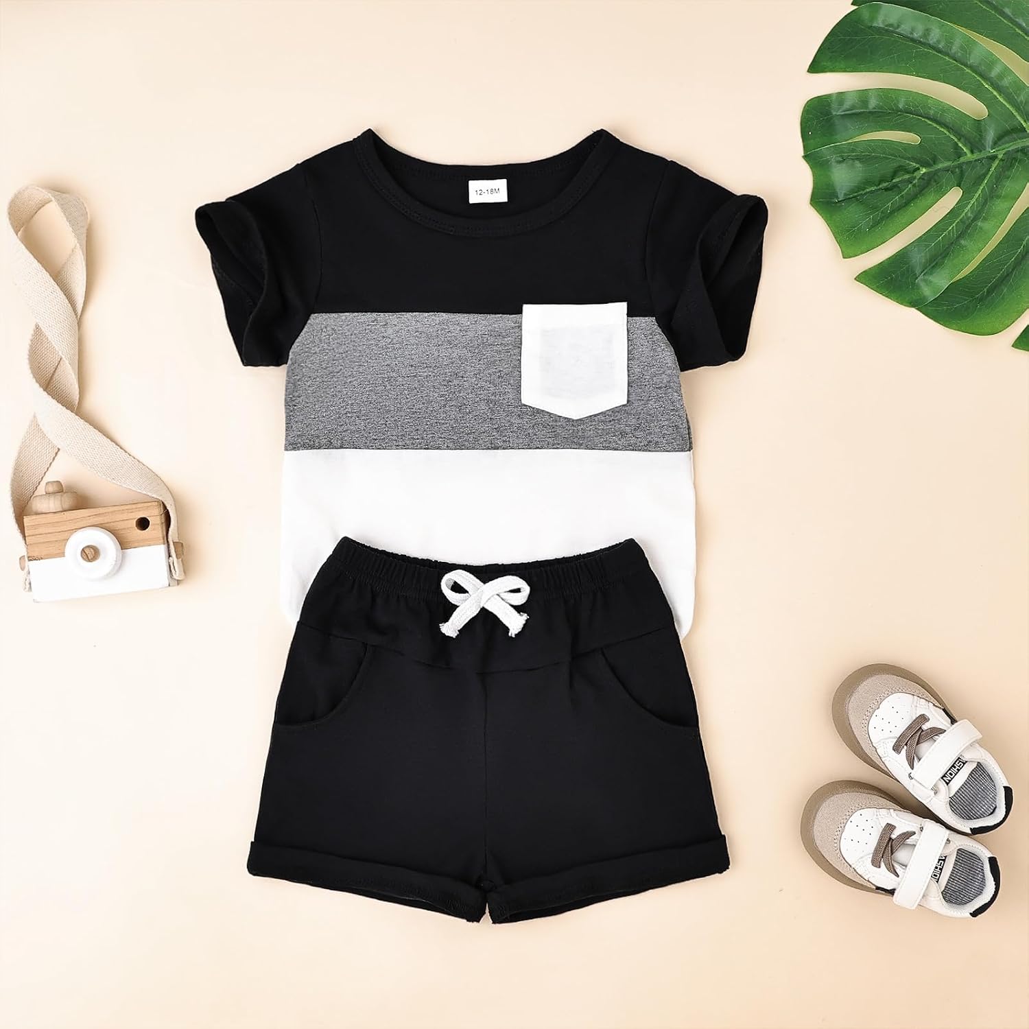 Baby Boy Clothes Toddler Boy Summer Outfits Short Sleeve Patchwork Top T-shirt & Pocket Pant Set 2