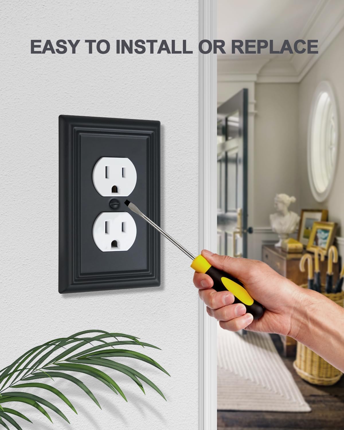 4-Pack Black Outlet Covers, Metal Duplex Wall Plates for Receptacles, Light Switch, Durable