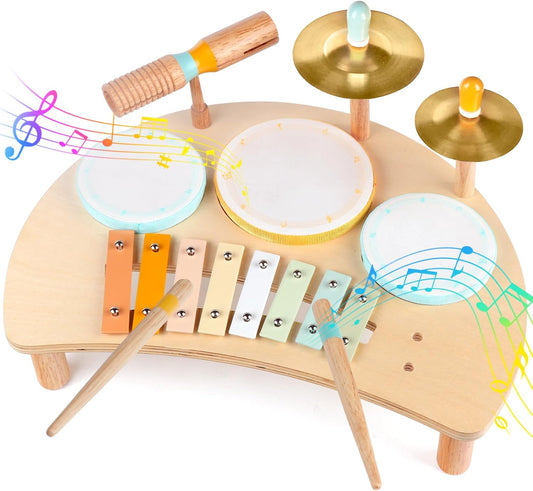 Kids Drum Set, Montessori Musical Instruments for Toddlers 1-3, Wooden Musical Toys for Baby 12-18