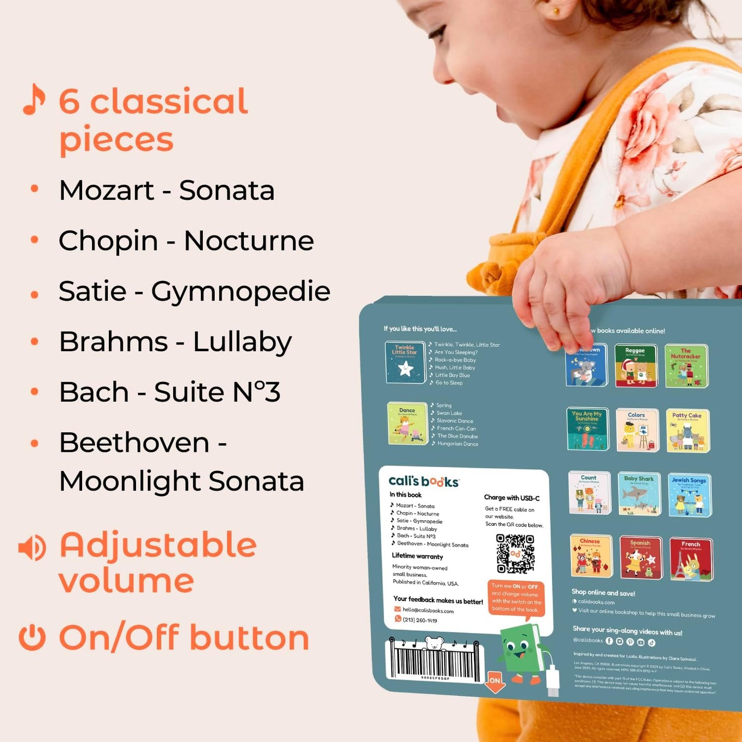 Cali's Books Bedtime Musical Book for Babies and Toddlers 1-3 – USB-C Rechargeable – 6 Classical