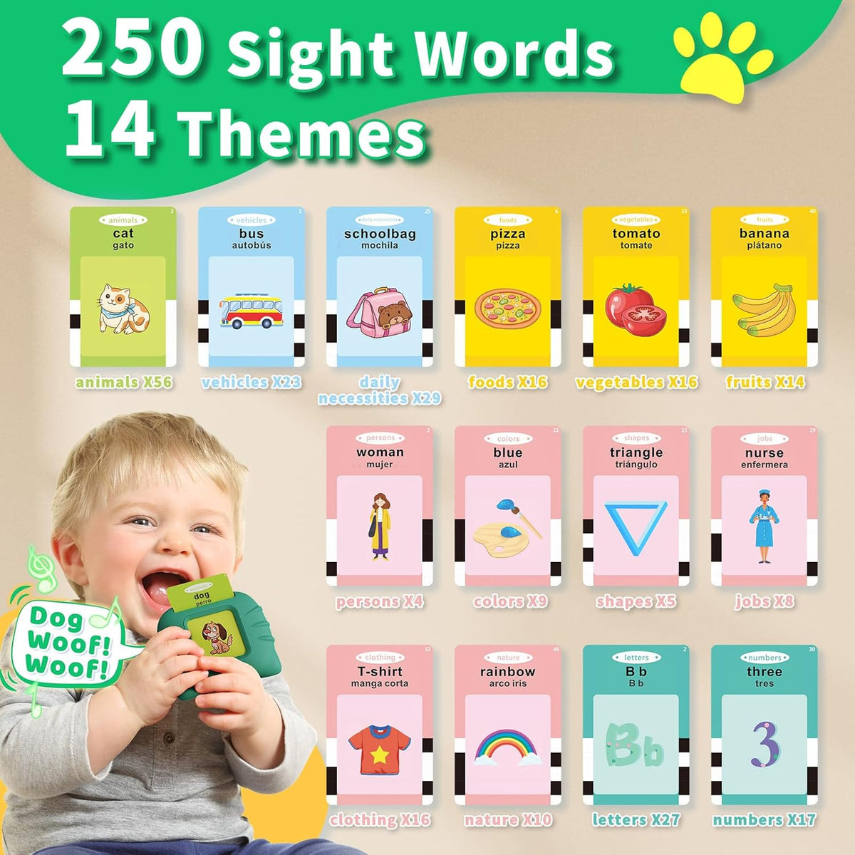 Toddler Toys Bilingual English and Spanish Talking Flash Cards for 1 2 3 4 5 6 Year Old Boys and