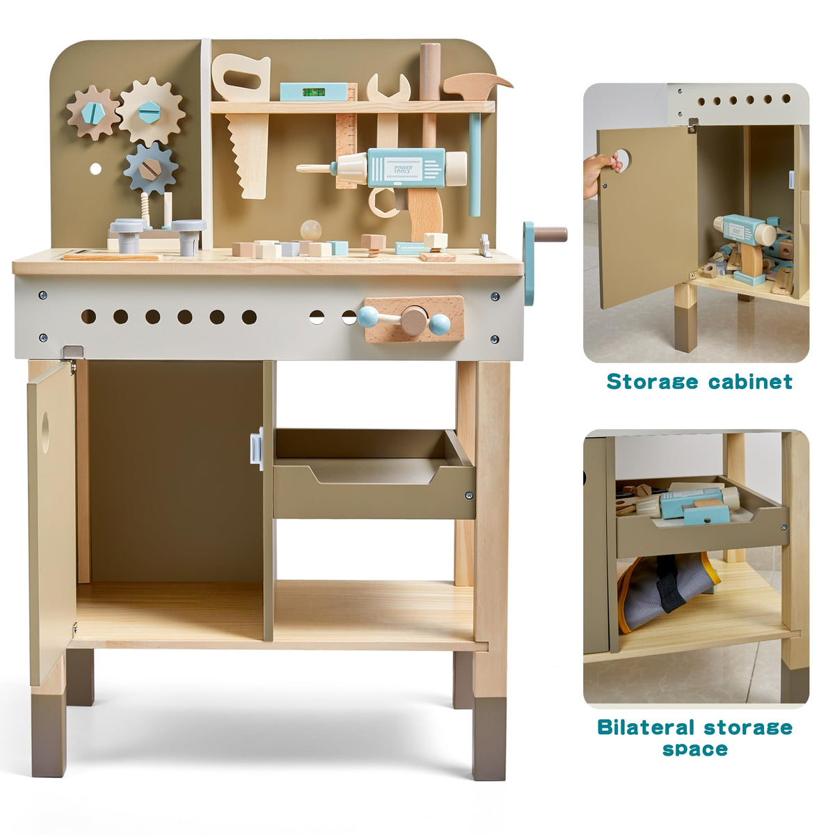 Kids Tool Set,Wooden Tools Bench with Apron Toddler Toy Workbench with Realistic Tools Electric