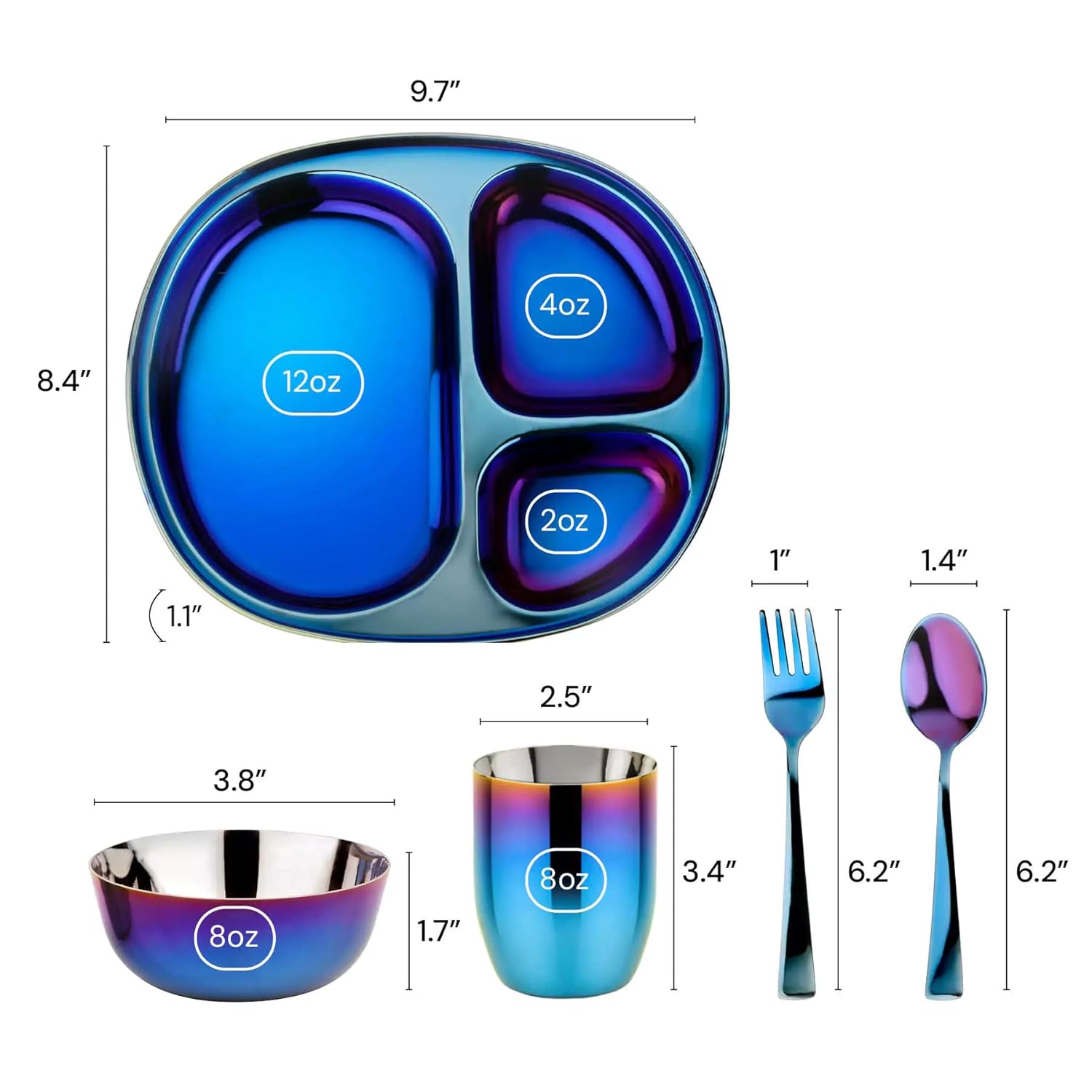 Ahimsa Stainless Steel Kids Dinnerware Set - 5 Piece Stainless Steel Toddler Plates and Bowls Set