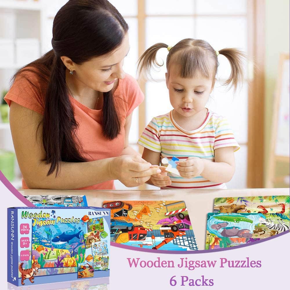 Wooden Puzzles for Kids Ages 3-5, 24 Piece Colorful Learning Toys for Toddler Children