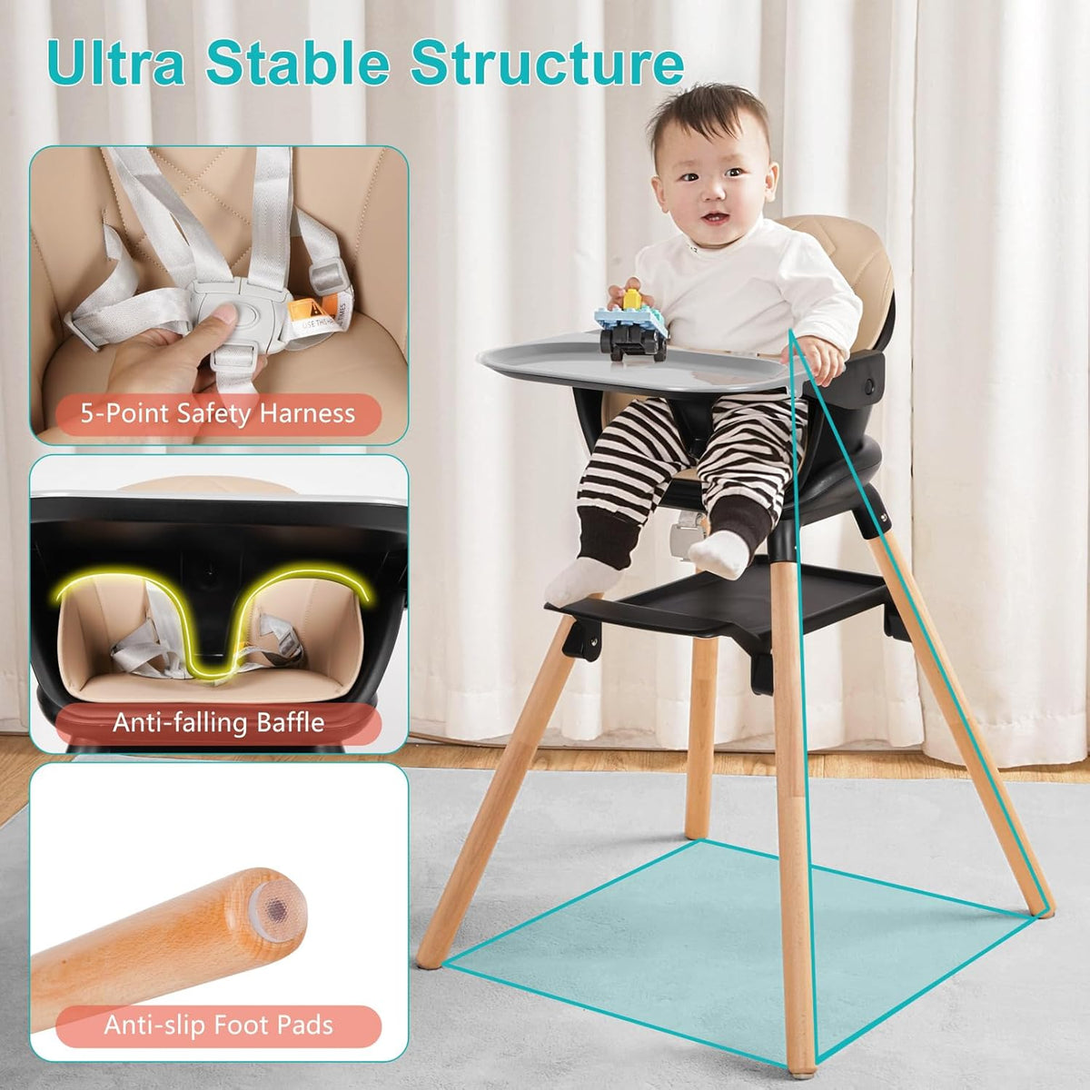 Baby High Chair, 6 in 1 Wooden Convertible High Chairs for Babies and Toddlers, Booster Seat with