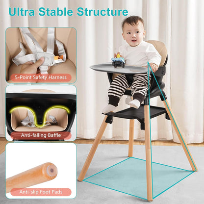 Baby High Chair, 6 in 1 Wooden Convertible High Chairs for Babies and Toddlers, Booster Seat with